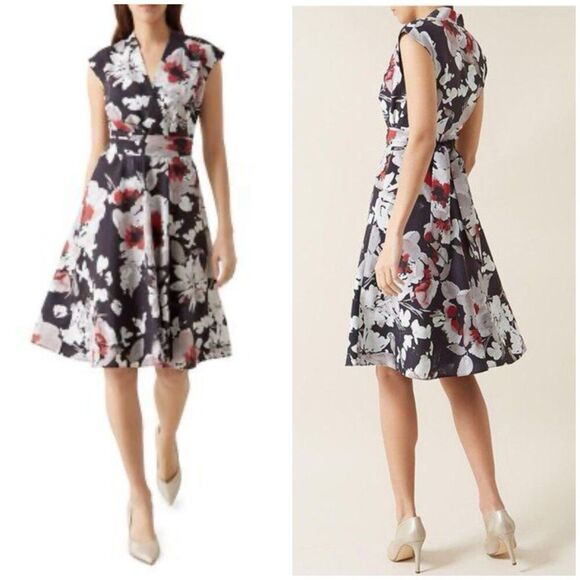 Hobbs London Delphine Printed Dress Size 4 Floral Fit Flare Party Wedding V Neck - Picture 1 of 11